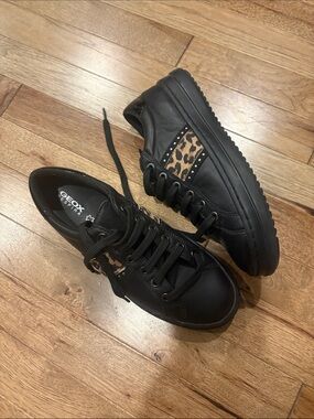 New-Geox Respira Black Leather Sneakers with Leopard Print & Silver Stud Accents
